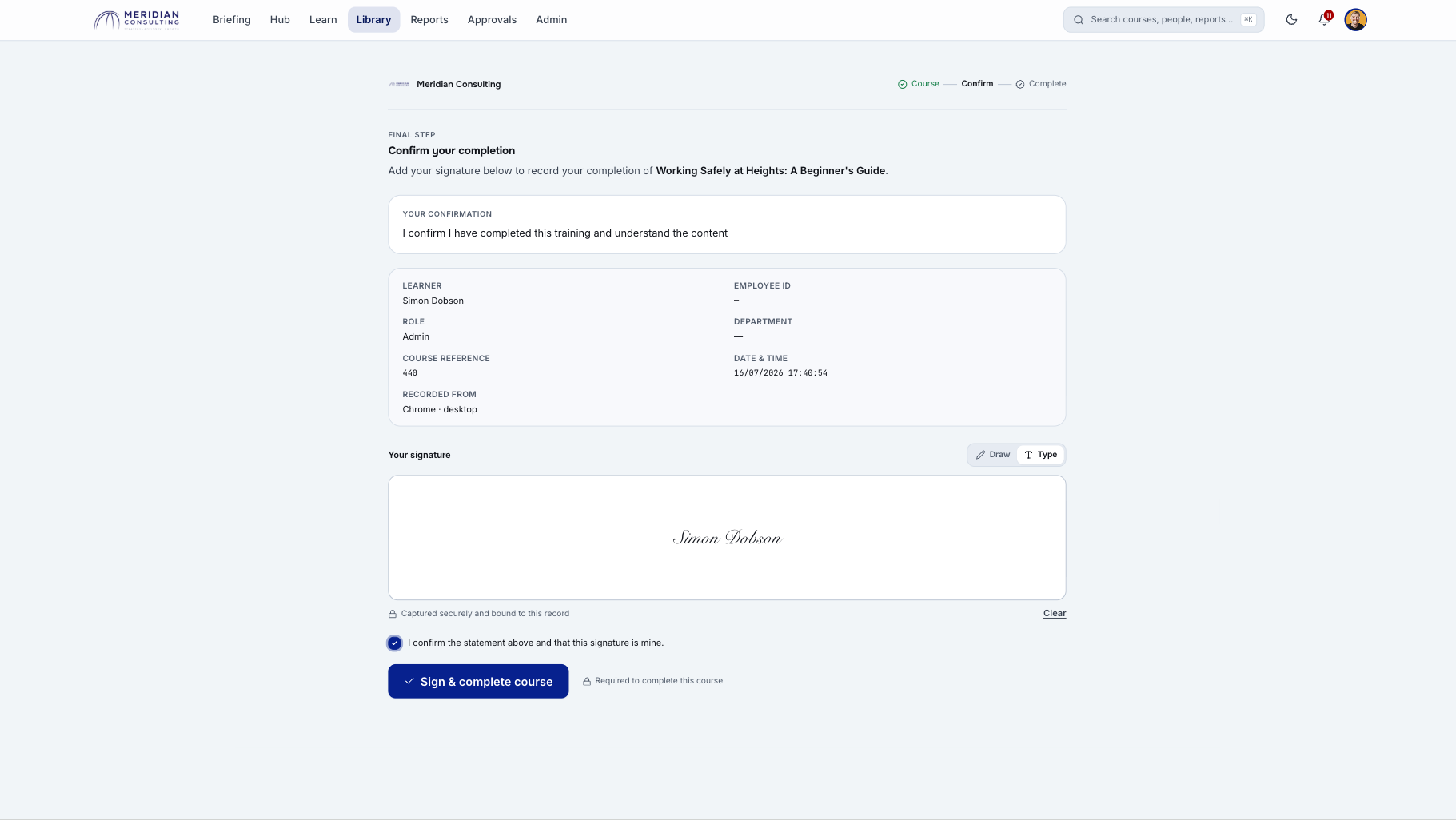 E-signature attestation screen with declaration wording and captured learner metadata