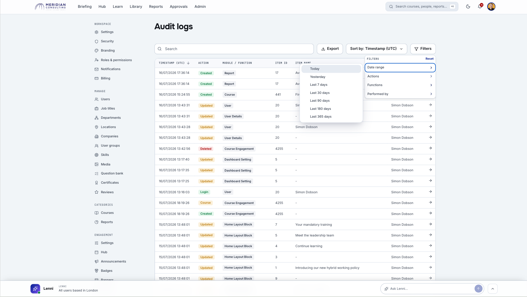 Audit log table with date, action, module, and user filters