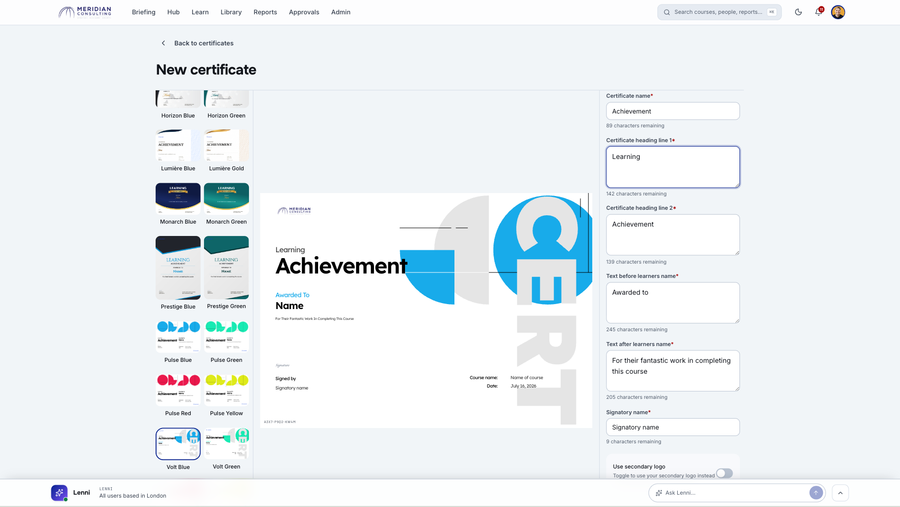 Branded certificate template preview with logo, signatory, and digital signature