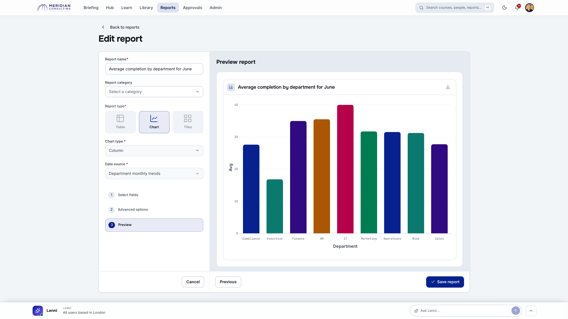 Custom report builder with field selection, filters, and preview