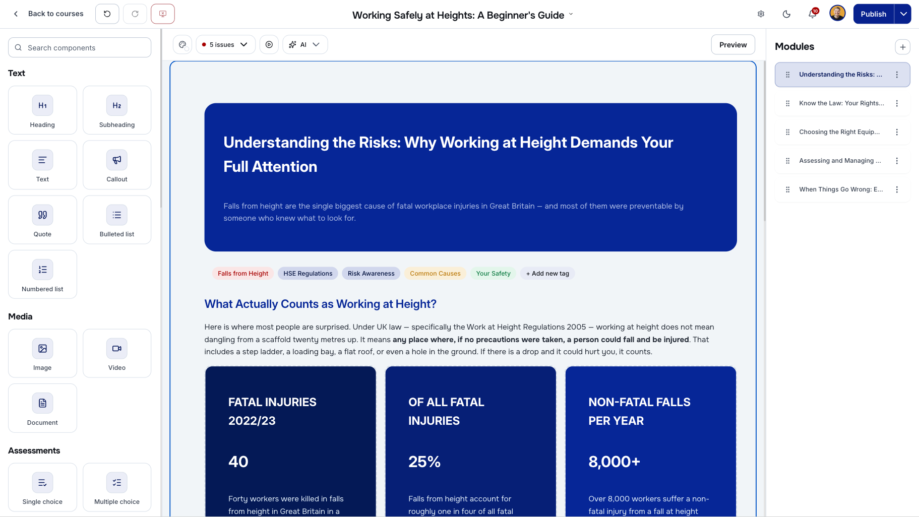 Course builder interface with modules and content editing