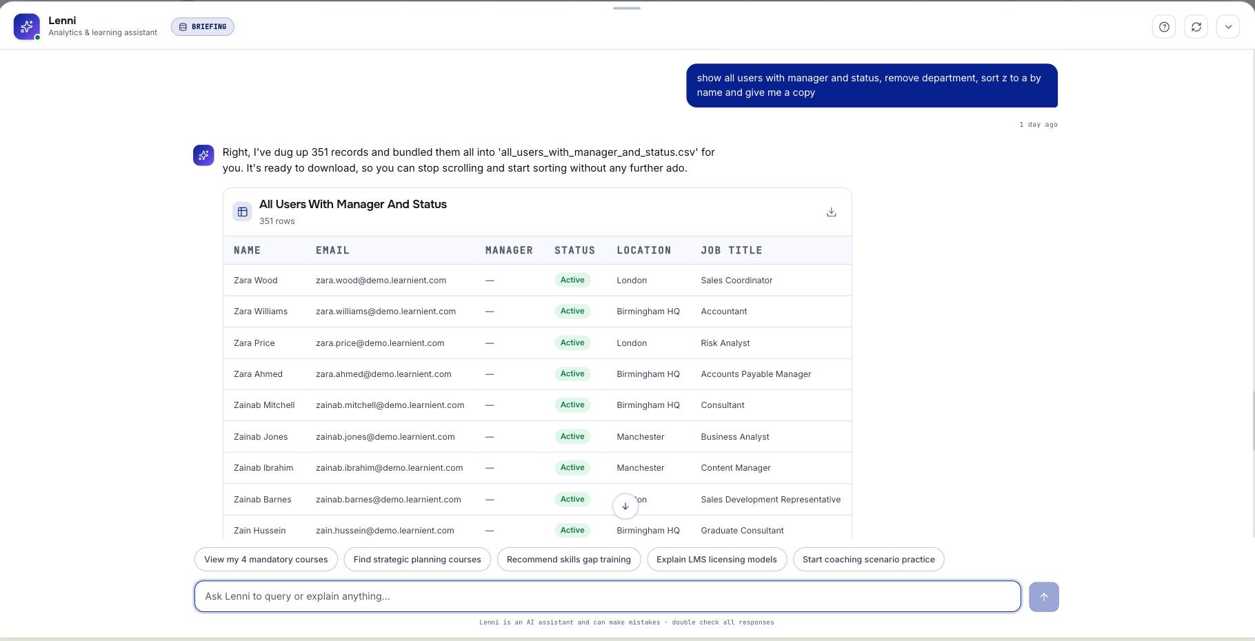 Learnient home dashboard with Lenni open on the right, answering 'How do I add a user?' with step-by-step plain-English instructions and showing a chart of users by department.