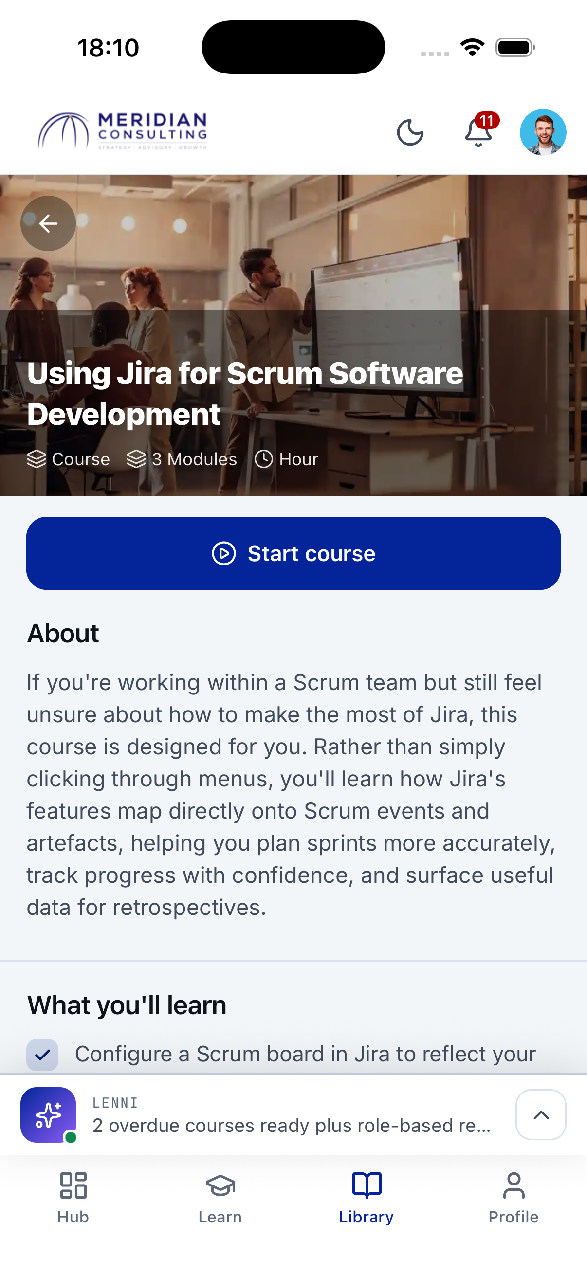 Learnient mobile app interface showing training courses and progress tracking
